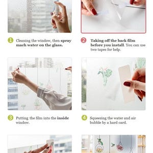 May include: A step-by-step guide on how to install a window cling featuring a floral design with hanging plants and the text "Happy Every Day". The steps include cleaning the window, removing the backing, applying the cling, and smoothing out any air bubbles.