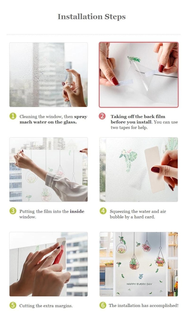 May include: A step-by-step guide on how to install a window cling featuring a floral design with hanging plants and the text "Happy Every Day". The steps include cleaning the window, removing the backing, applying the cling, and smoothing out any air bubbles.