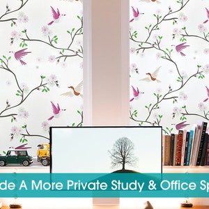 May include: Two windows with a white background and a pattern of pink flowers, green leaves, and brown birds. The windows are in a room with a desk and a computer monitor. The text "Provide A More Private Study & Office Space" is at the bottom of the image.