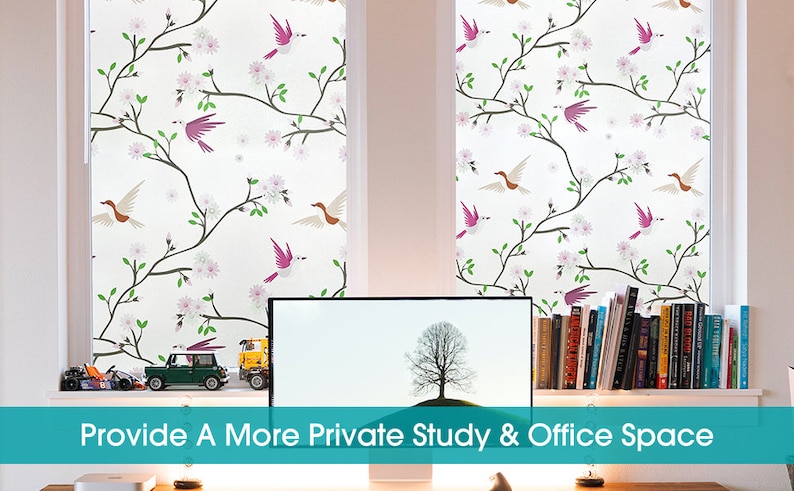 May include: Two windows with a white background and a pattern of pink flowers, green leaves, and brown birds. The windows are in a room with a desk and a computer monitor. The text "Provide A More Private Study & Office Space" is at the bottom of the image.