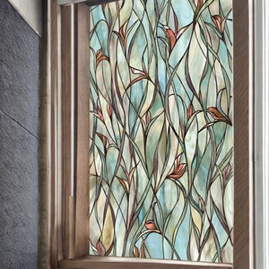 Green Leafy Flower Pattern Privacy Window Film, Non Sticky Static Cling Adhesive, Reusable Glass Sticker for Anti UV Heat Control Decal