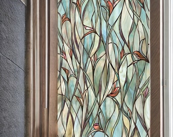 Green Leafy Flower Pattern Privacy Window Film, Non Sticky Static Cling Adhesive, Reusable Glass Sticker for Anti UV Heat Control Decal
