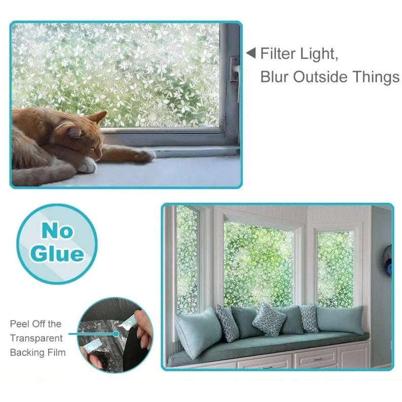 May include: Window film with a floral pattern, shown installed on windows. The film filters light and blurs the view. A cat is resting on a windowsill. Text reads "Filter Light, Blur Outside Things" and "No Glue".