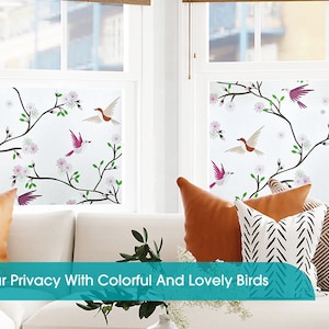 May include: Two windows with decorative privacy film featuring a white background with pink flowers and brown and purple birds. The text "Protect Your Privacy With Colorful And Lovely Birds" is at the bottom of the image.