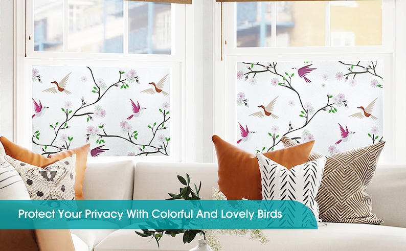 May include: Two windows with decorative privacy film featuring a white background with pink flowers and brown and purple birds. The text "Protect Your Privacy With Colorful And Lovely Birds" is at the bottom of the image.