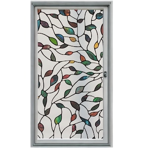 May include: A stained glass window film with a design of colorful leaves and branches. The film is translucent and creates a decorative effect on a window.