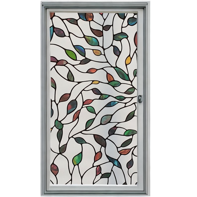 May include: A stained glass window film with a design of colorful leaves and branches. The film is translucent and creates a decorative effect on a window.
