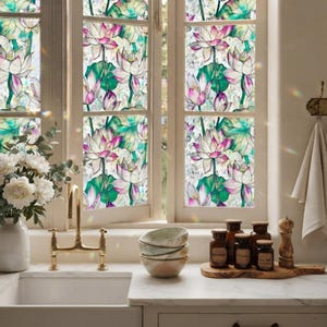 Rainbow Privacy Window Film | Lotus Static Cling Suncatcher Decal | Stained Glass Effect Sun Blocker | Removable Vinyl Window Cling