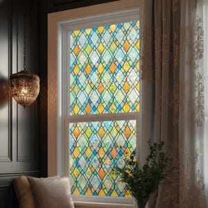 Lattice Stained Glass Window Film Static Cling | Rainbow Privacy Window Decal | Non-Adhesive Decorative Film for Doors & Sidelights