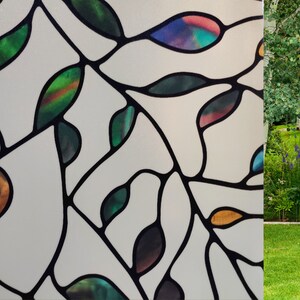 May include: A stained glass window film with a design of leaves and branches in shades of green, blue, and red.