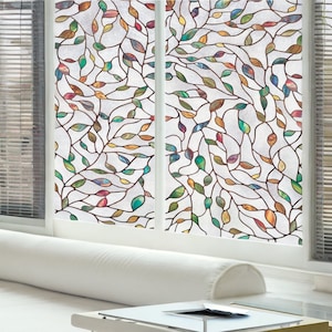 Leaves Stained Glass Window Film, Privacy Window Sticker, Decorative Window Cling, Self Adhesive Frosted Window Vinyl, Window Decals