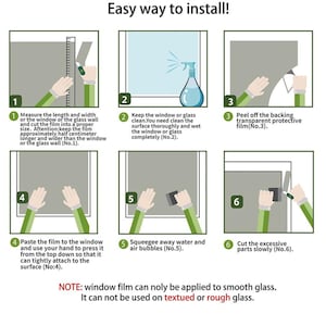 May include: A six-step illustrated guide on how to install window film. The steps include measuring the window, cleaning the surface, peeling off the backing, pasting the film, squeegeeing away water and air bubbles, and cutting the excess film.