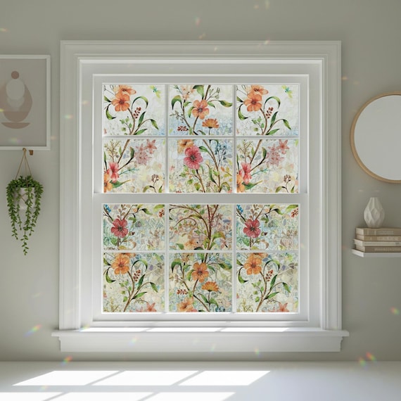 Stained Glass Privacy Window Film, Rainbow Blooming Vines Pattern, Static Cling Frosted Film, Removable UV Protection Glass Cover for Doors