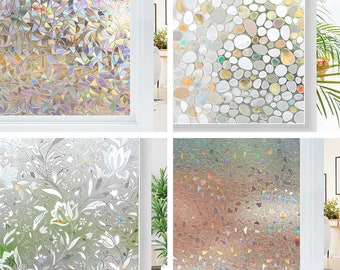 Rainbow Decorative Window Privacy Film, Non Sticky Static Cling Adhesive, Glass Sticker for Anti UV Heat Control Decal