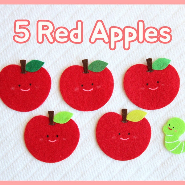 Five Red Apples Felt Set / 5 Red Apples Teasing Mr. Slinky Worm Flannel Board Set / Felt Story / Preschool / Toddler