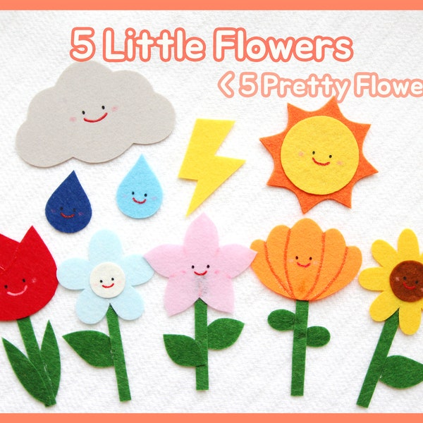 5 Little Flowers Felt Set / 5 Pretty Flowers Flannel Board / Flower Felt Set / Spring / Preschool / Toddler/ Library Story time