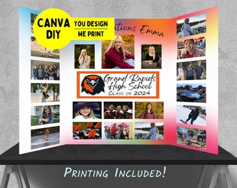 May include: A tri-fold display board with a colorful gradient background. The board is decorated with photos of a young woman and her friends. The text "CANVA DIY YOU DESIGN WE PRINT" is at the top of the board. The text "Grand Rapids High School CLASS OF 2024" is in the center of the board. The text "PRINTING INCLUDED!" is at the bottom of the board.