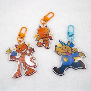 Dog Man Acrylic Charm Keychains ; Petey, Li'l Petey, and Dog Man Trio Acrylic Artwork