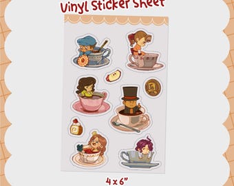 Hoja de pegatinas de vinilo transparentes de Professor Layton Teacup Chibis (4x6")