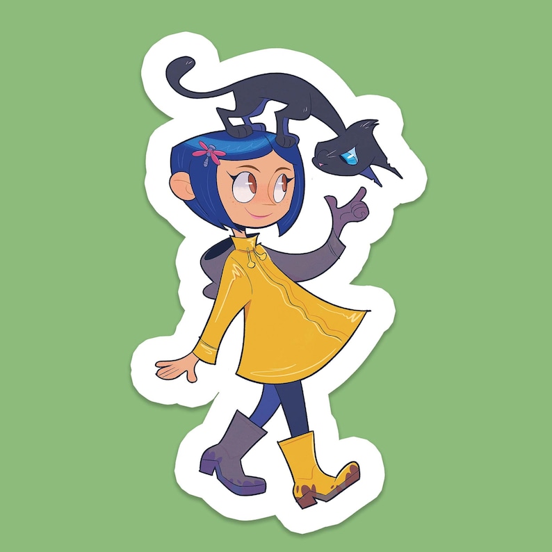 Puede incluir: Una pegatina con una ilustraci&oacute;n de dibujos animados de una ni&ntilde;a con abrigo y botas amarillas, con un gato negro en la cabeza. La ni&ntilde;a tiene el pelo azul y una pinza para el pelo de lib&eacute;lula. El gato tiene ojos azules y se&ntilde;ala con la pata.