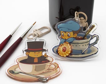 Llavero acrílico con dije de la taza de té del Profesor Layton (Chibis) / Luke y Hershel