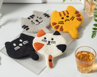 Cute Handmade Wool Felt Animal Kitty Cat Cup Coasters, Made in Nepal