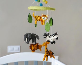 Handmade Wool Felt Animal Baby Crib Mobile for Nursery Room & Baby Shower Gift - African Animal ( Zebra, Tiger, Elephant) toy mobile