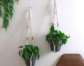 Handmade Cotton Macrame Rope Plants Hanging Pots Holder Stand Hangers - Set Of Two