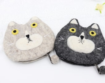 Handmade Wool Felt Kitty Cat Backpack Hand Carry Bag Coin Wallet