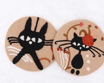 Cute Handmade Wool Felt Animal Kitty Cat Coffee Cup Mug Table Mat Coasters For Dishes and Pot