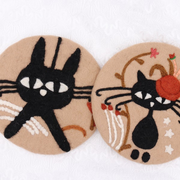 Cute Handmade Wool Felt Animal Kitty Cat Coffee Cup Mug Table Mat Coasters For Dishes and Pot