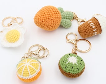 Knitting Crochet Handmade fruits keychain - Coffee, Egg, Kiwi, lemon, Carrot Keychain