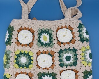 Handmade Boho Crochet Tote Bag with Fringe - Colorful Beach Market Bag