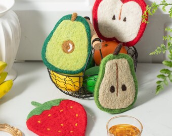 Handmade Wool Felt Fruits Cup Coasters Made in Nepal - Avocado, Apple, Pear, Orange