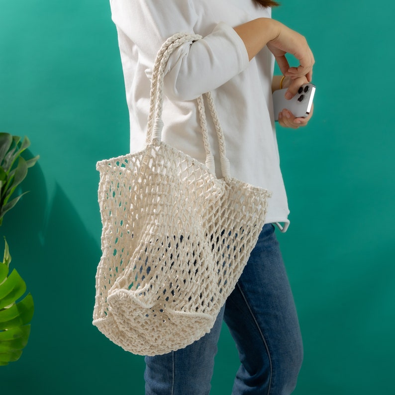 Cotton Woven Tote Bag Crochet Shopping Shoulder Handbag image 6