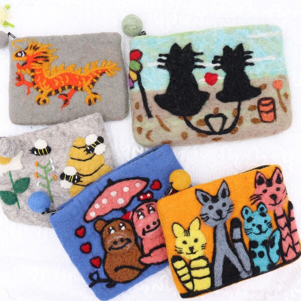 Handmade Wool Felt Animal Backpack Hand Carry Bag Wallet- Dragon, Cat, Hippo, Bees Handbag