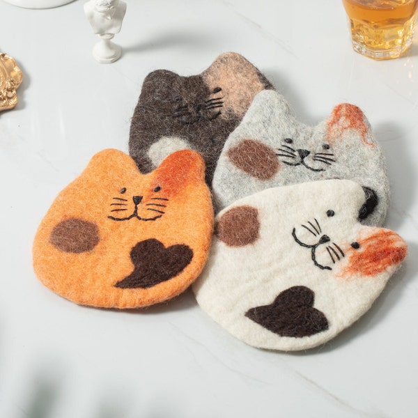 Cute Handmade Wool Felt Animal Kitty Cat Coffee Cup Mug Table Mat Coasters