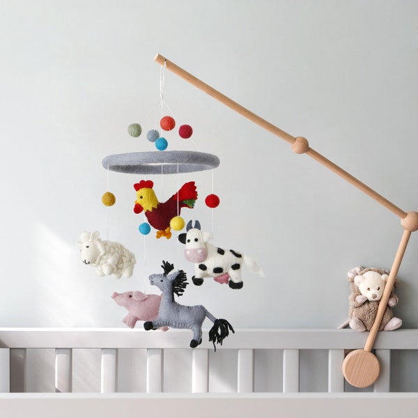 Handmade Wool Felt Animal Baby Crib Mobile for Nursery Room & Baby Shower Gift - Farm Animal (Chicken, Cow, Sheep) toy mobile