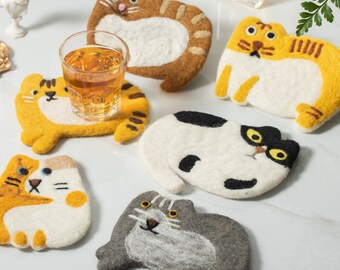 Cute Handmade Wool Felt Animal Kitty Cat Cup Coasters, Made in Nepal