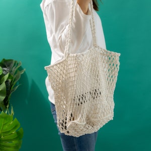 Cotton Woven Tote Bag Crochet Shopping Shoulder Handbag image 3