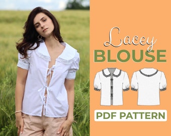 Lace Blouse Sewing Pattern | Puff Sleeve Coquette Top | Pattern + Detailed Illustration Instruction | XXS - XXXL | A0, A4 & US-Letter