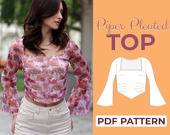 Könnte beinhalten: Ein PDF-Schnittmuster für ein plissiertes Oberteil namens "Piper Pleated Top". Das Schnittmuster zeigt ein weißes Oberteil mit langen Ärmeln und einem quadratischen Ausschnitt.