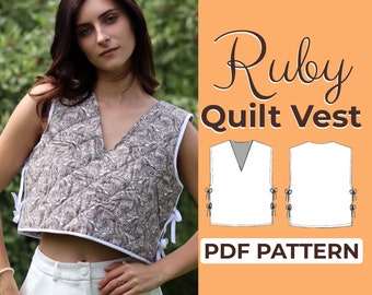Side Tie Quilted Vest Sewing Pattern | V Neck Sleeveless Vest | Easy Beginner Pattern +  Illustrated Tutorial | XXS - XXXL | A0, A4 & Letter