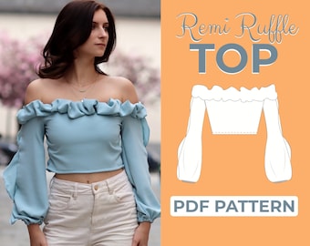 Ruffled Top Sewing Pattern | Off Shoulder Cottagecore Blouse | Pattern + Detailed Illustration Instruction | XXS - XXL | A0, A4 & US-Letter