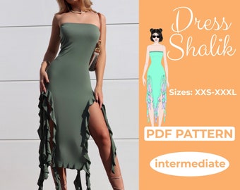 Y2K Ruffle Dress Sewing Pattern, Off Shoulder Bodycon Dress, XXS - XXL, A0, A4 & US-Letter Pattern + Detailed Instruction