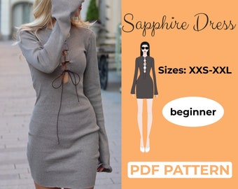 May include: A PDF pattern for a gray knit dress with a lace-up detail in the front. The dress is called "Sapphire Dress" and is available in sizes XXS-XXL. The pattern is for beginners.