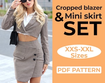 Cropped Blazer + Skirt Sewing Pattern Bundle, High Waisted Mini Skirt & Trendy Blazer Bundle, PDF A0 A4 US Letter + Instruction