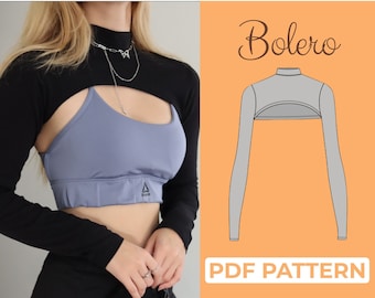 Naaipatroon bolero bolero, cropped top met opstaande kraag, korte sweater met col, bolero met lange mouw, schouderophalen voor vrouwen, XXS - XXL + tutorial
