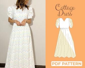 Puff Sleeve Dress, Easy Sewing Pattern, Flare Summer Dress, Long Gown Pattern, Milk Maid Dress, Baby Doll Dress PDF, Cottage Core Dress