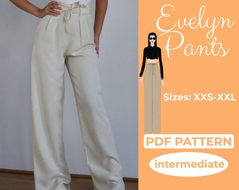 Patron de couture de pantalon Palazzo | Pantalon paperbag évasé taille haute | XXS-XXL | A0, A4 et US-Letter + instructions détaillées